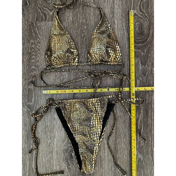New Medium Metallic‎ Gold Fully Adjustable Bikini Swimsuit Set Triangle Padded - Picture 7 of 7